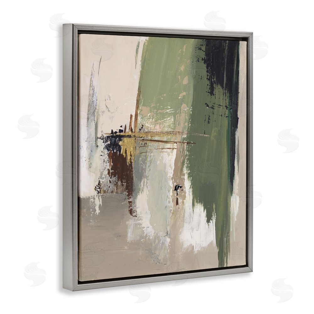 Patricia Pinto Green & Tan Brush Strokes Grey Floating Frame Canvas Wall Art Print