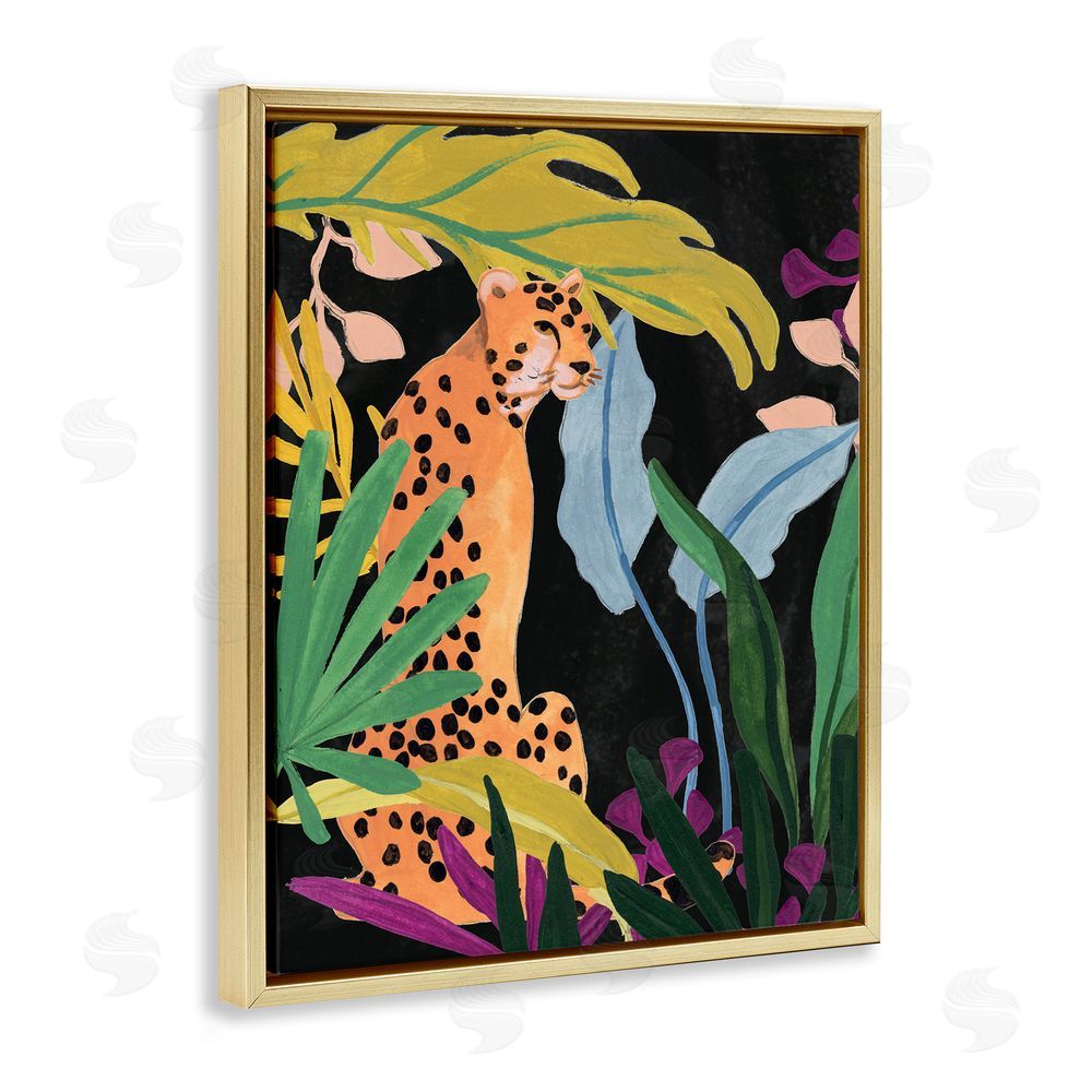 June Erica Vess Jungle Leaves & Cheetah Gold Floating Frame Canvas Wall Art Print