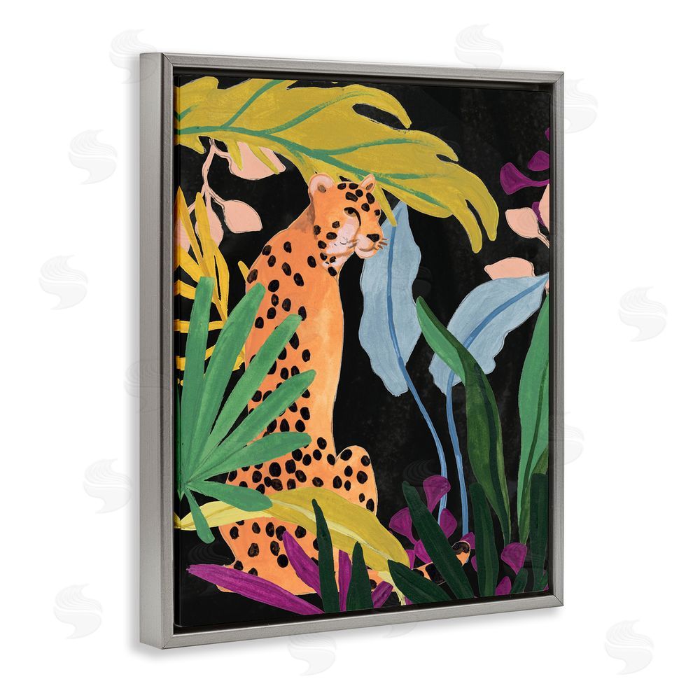June Erica Vess Jungle Leaves & Cheetah Grey Floating Frame Canvas Wall Art Print