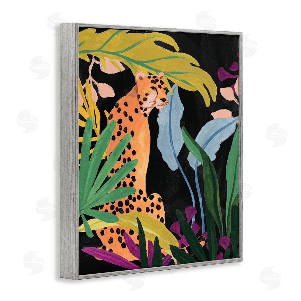 June Erica Vess Jungle Leaves & Cheetah Gray Framed Giclee Wall Art Print