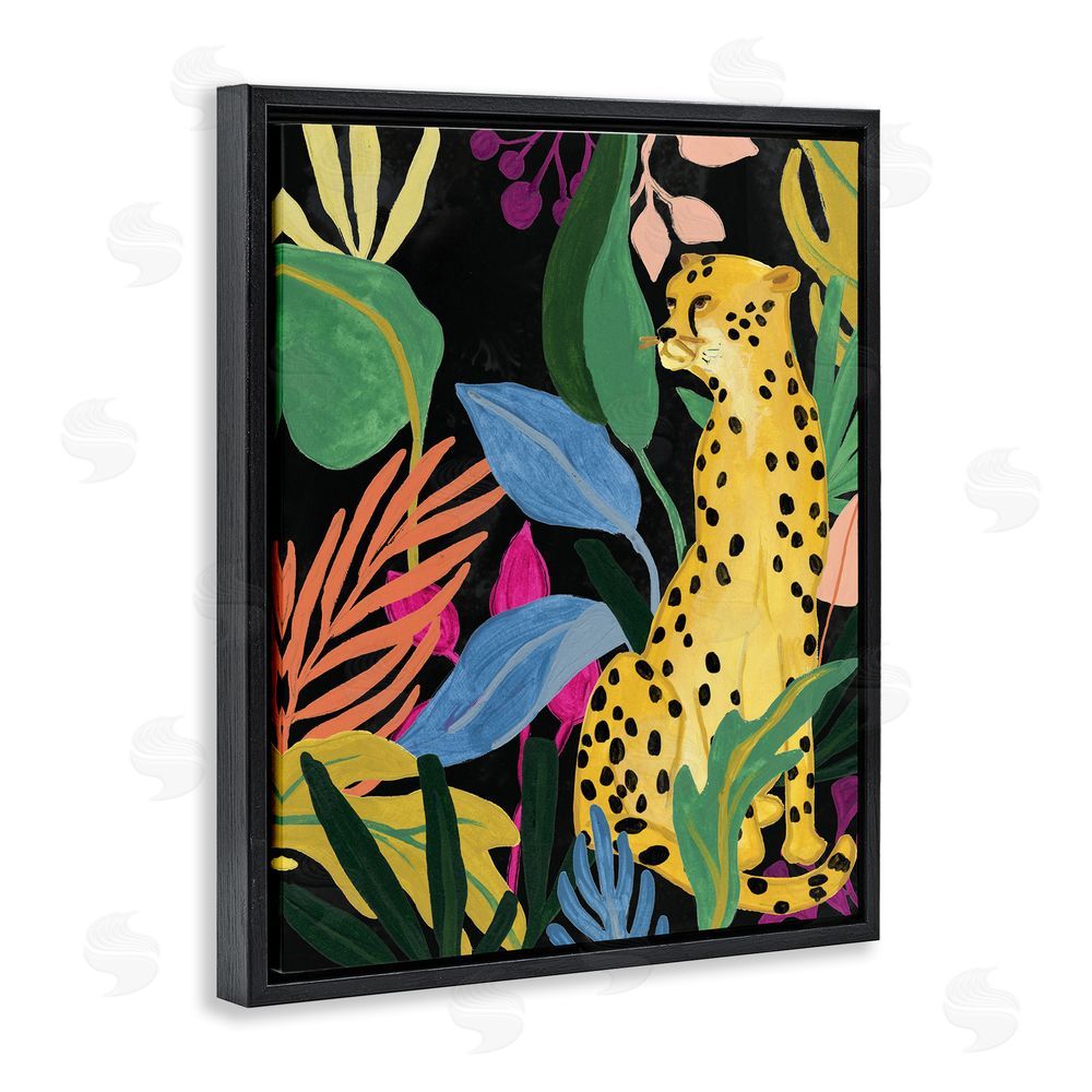 June Erica Vess Leopard Among Plant Leaves Black Floating Frame Canvas Wall Art Print