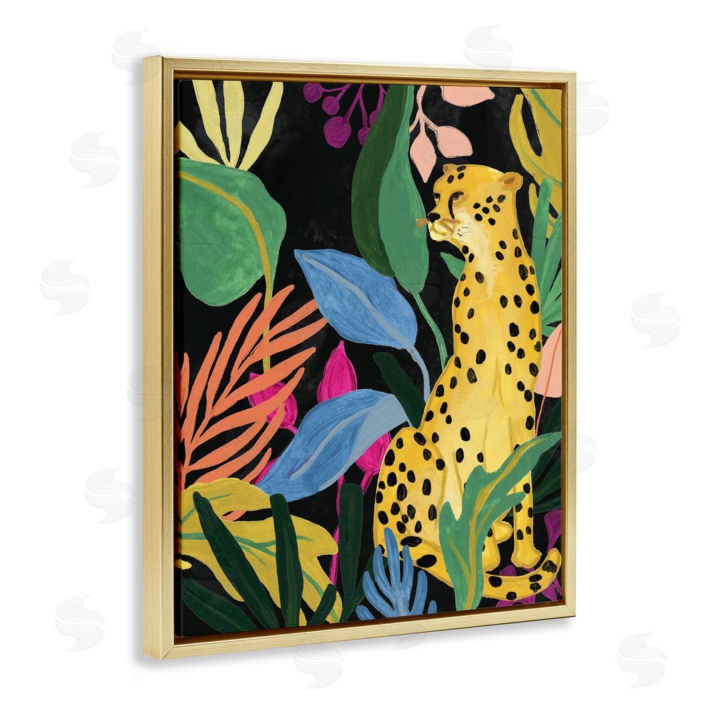 June Erica Vess Leopard Among Plant Leaves Gold Floating Frame Canvas Wall Art Print