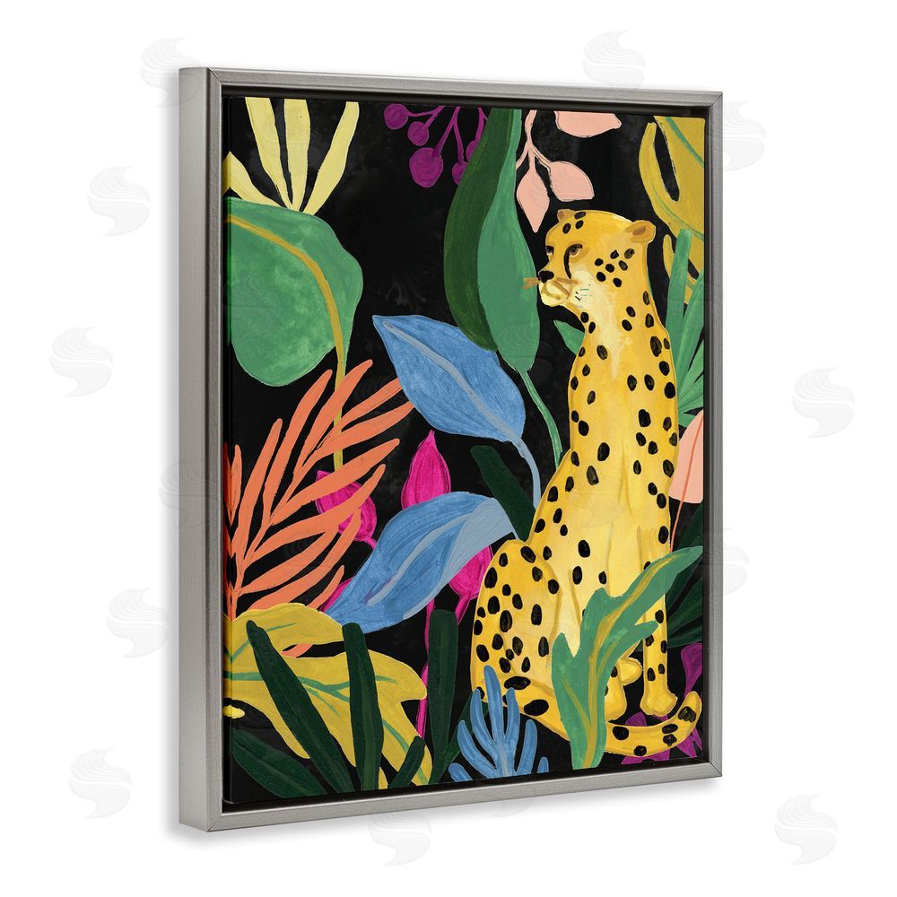 June Erica Vess Leopard Among Plant Leaves Grey Floating Frame Canvas Wall Art Print