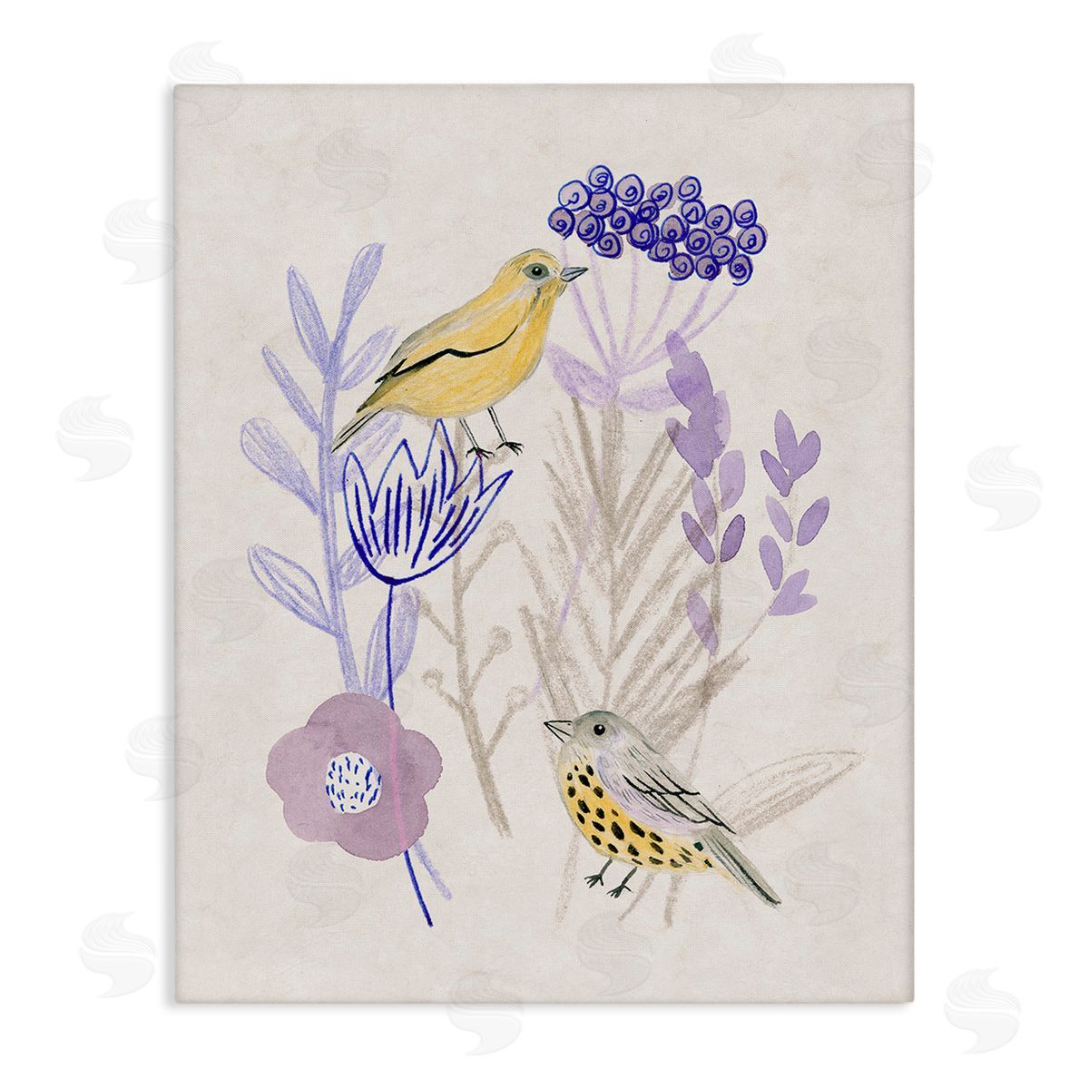 Melissa Wang Birds with Plant Sprigs Stretched Canvas Wall Art Print
