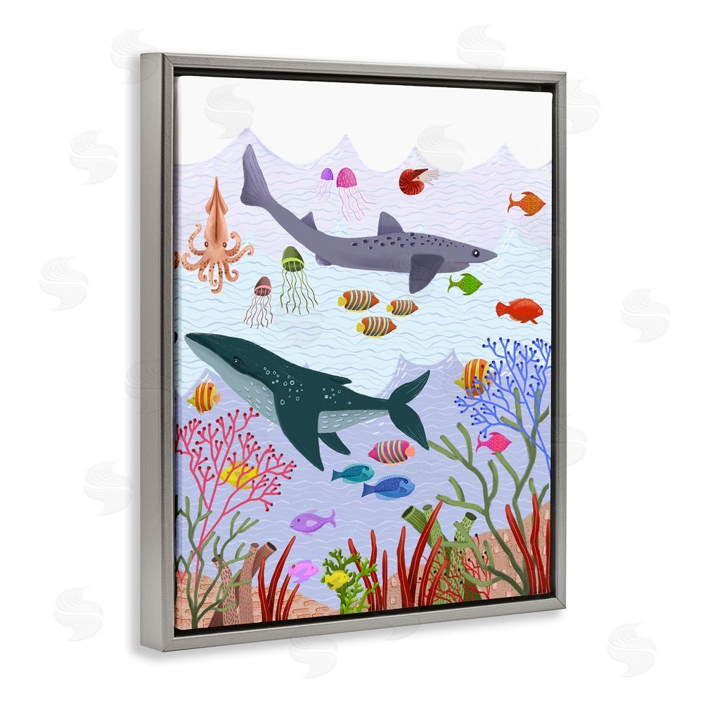 Regina Moore Underwater Sea Animals Grey Floating Frame Canvas Wall Art Print