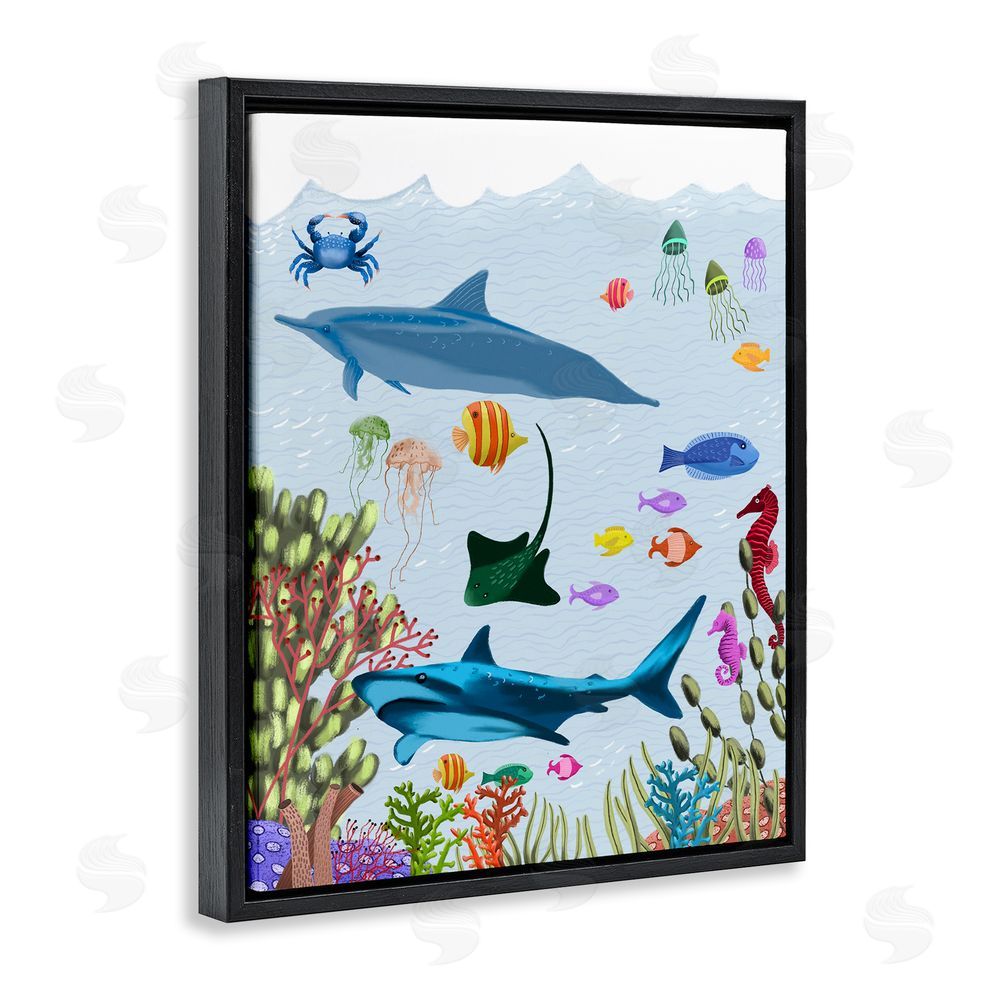 Regina Moore Sharks & Fish Underwater Black Floating Frame Canvas Wall Art Print
