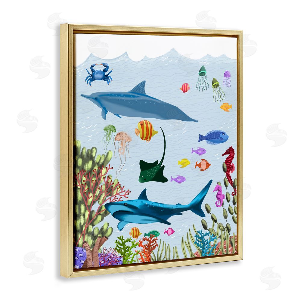 Regina Moore Sharks & Fish Underwater Gold Floating Frame Canvas Wall Art Print