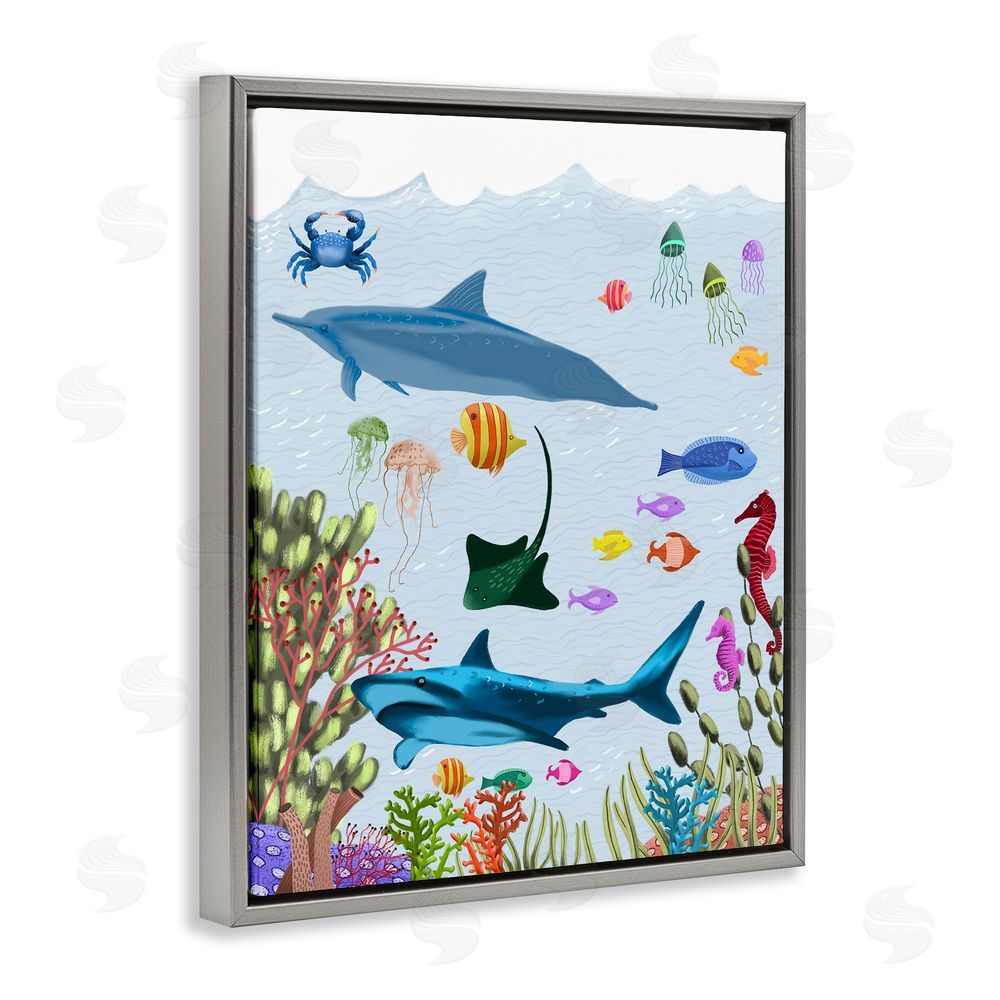 Regina Moore Sharks & Fish Underwater Grey Floating Frame Canvas Wall Art Print