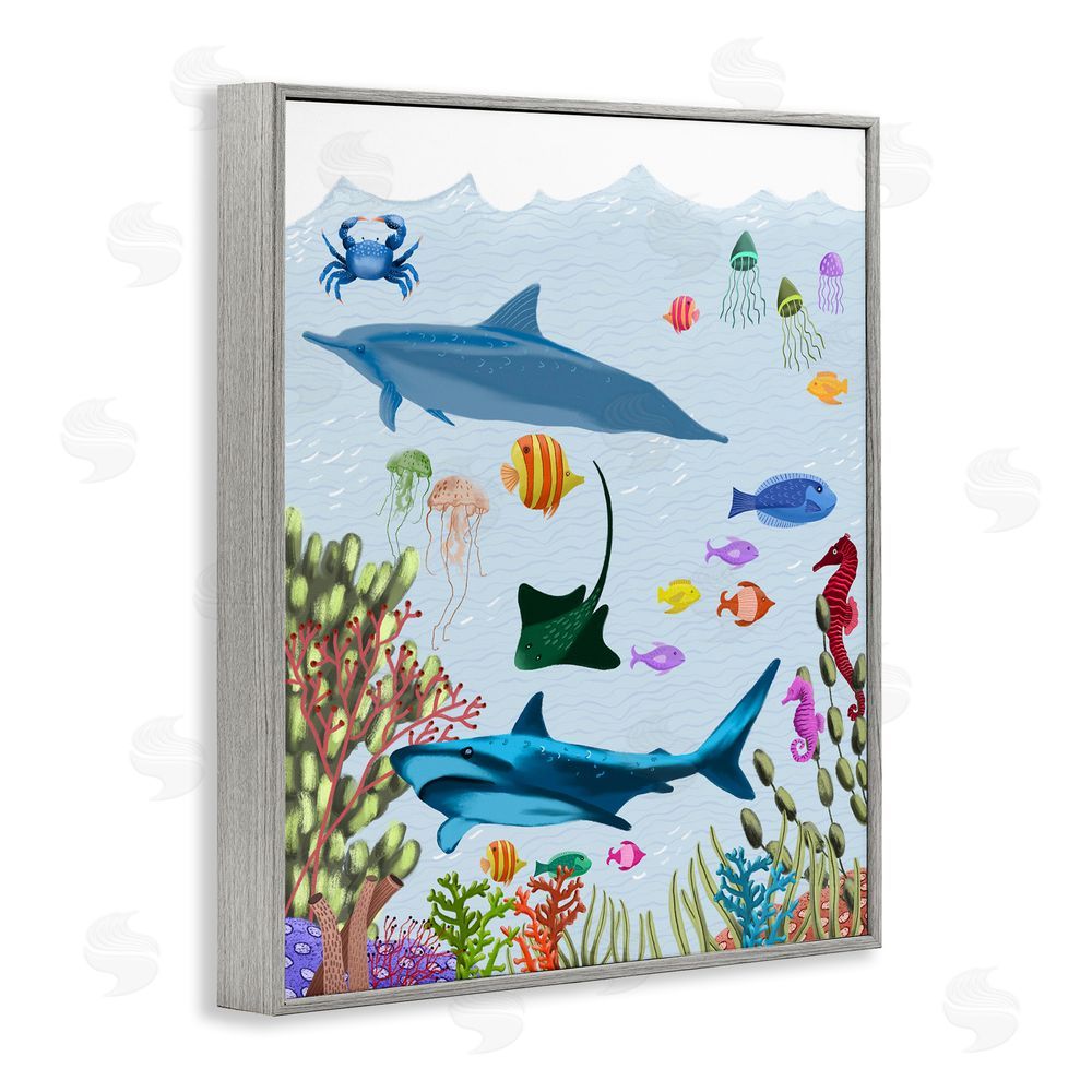 Regina Moore Sharks & Fish Underwater Gray Framed Giclee Wall Art Print