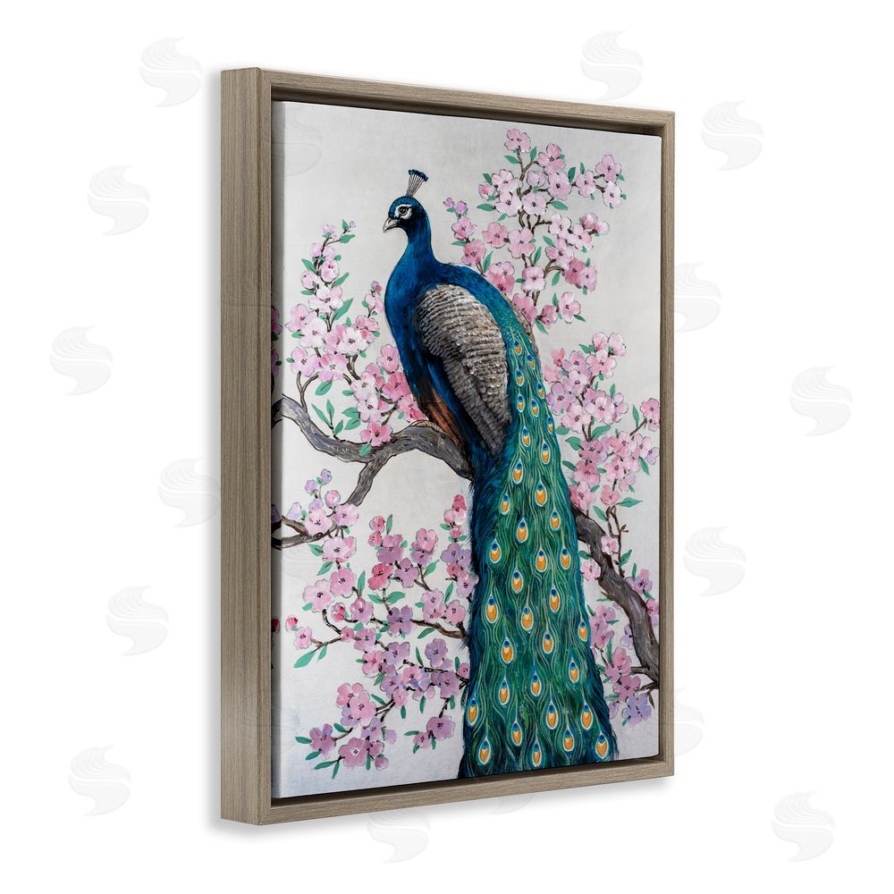 Tim O'Toole Peacock & Cherry Blossoms Brown Floating Frame Canvas Wall Art Print