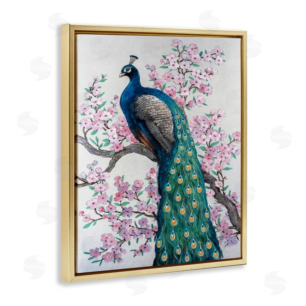 Tim O'Toole Peacock & Cherry Blossoms Gold Floating Frame Canvas Wall Art Print