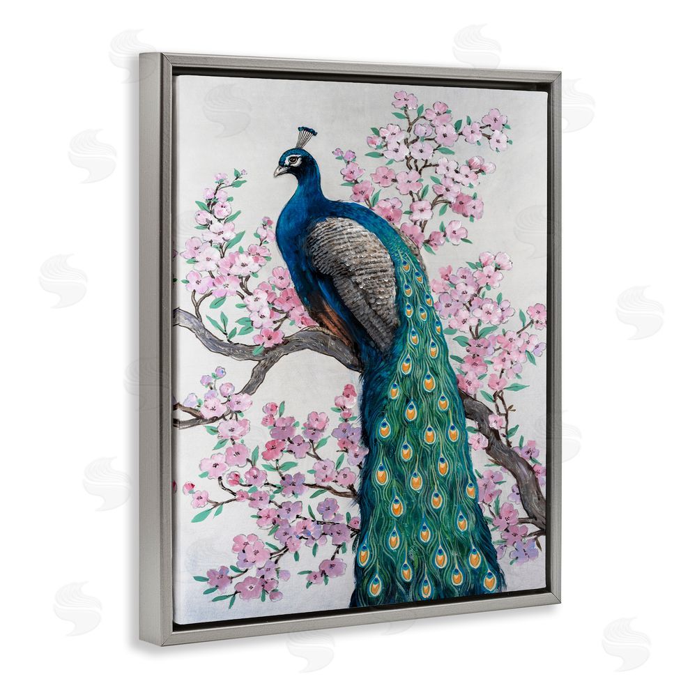 Tim O'Toole Peacock & Cherry Blossoms Grey Floating Frame Canvas Wall Art Print