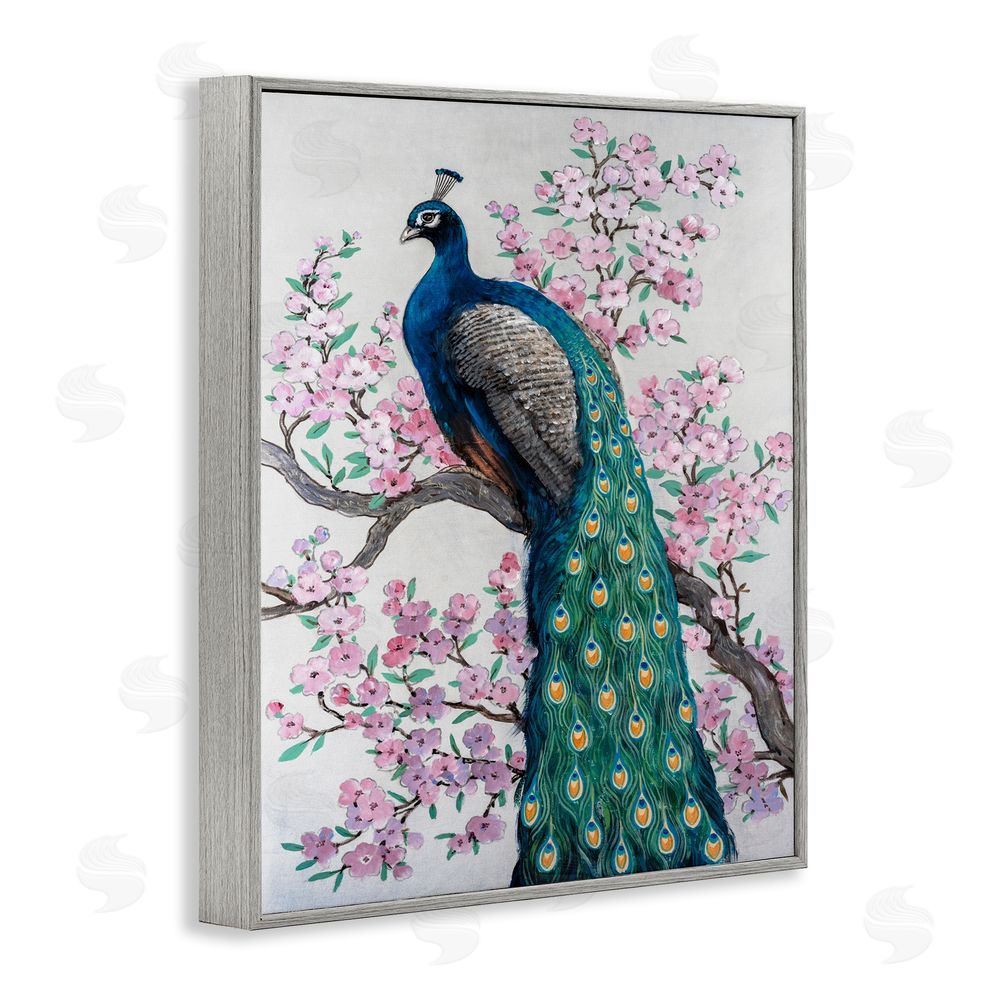 Tim O'Toole Peacock & Cherry Blossoms Gray Framed Giclee Wall Art Print