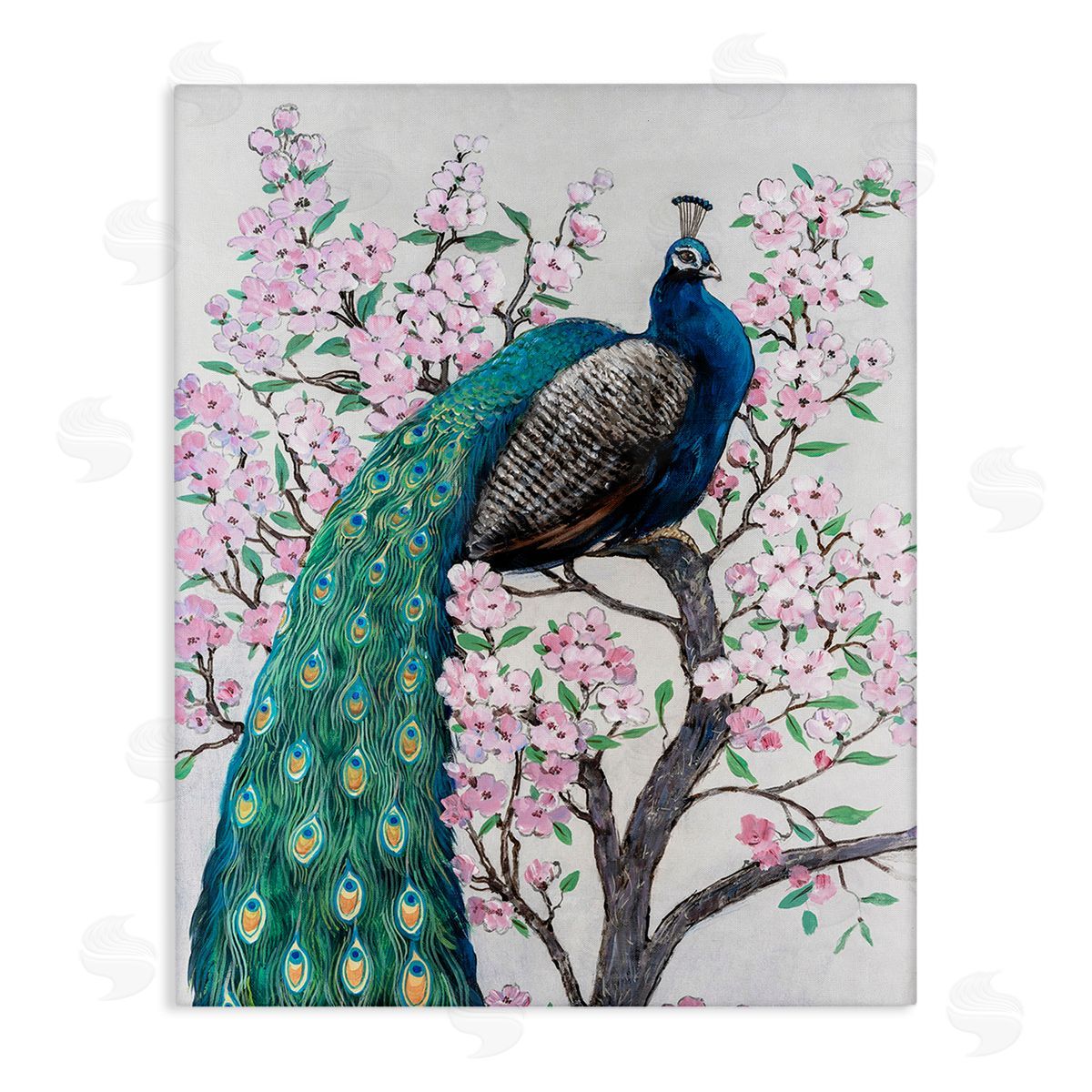 Tim O'Toole Peacock Perched on Florals Stretched Canvas Wall Art Print