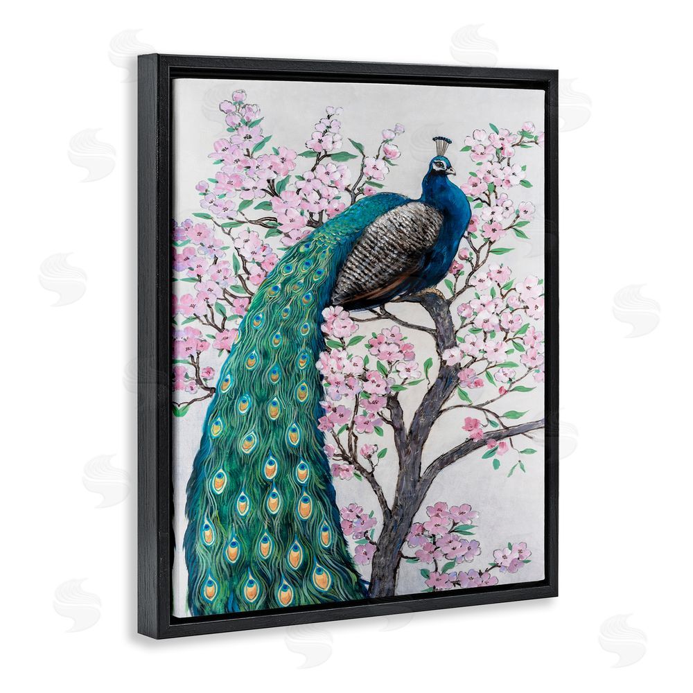 Tim O'Toole Peacock Perched on Florals Black Floating Frame Canvas Wall Art Print