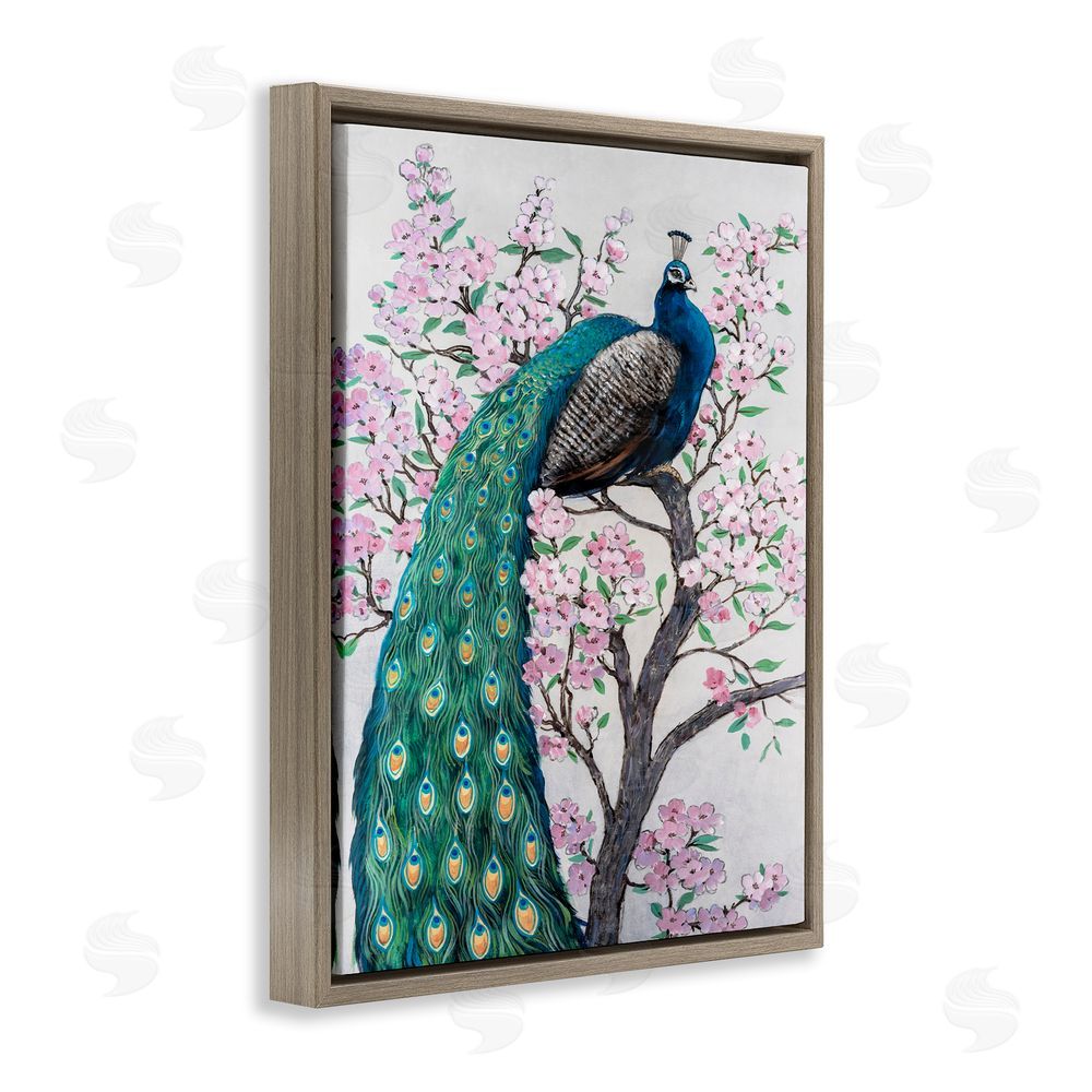 Tim O'Toole Peacock Perched on Florals Brown Floating Frame Canvas Wall Art Print