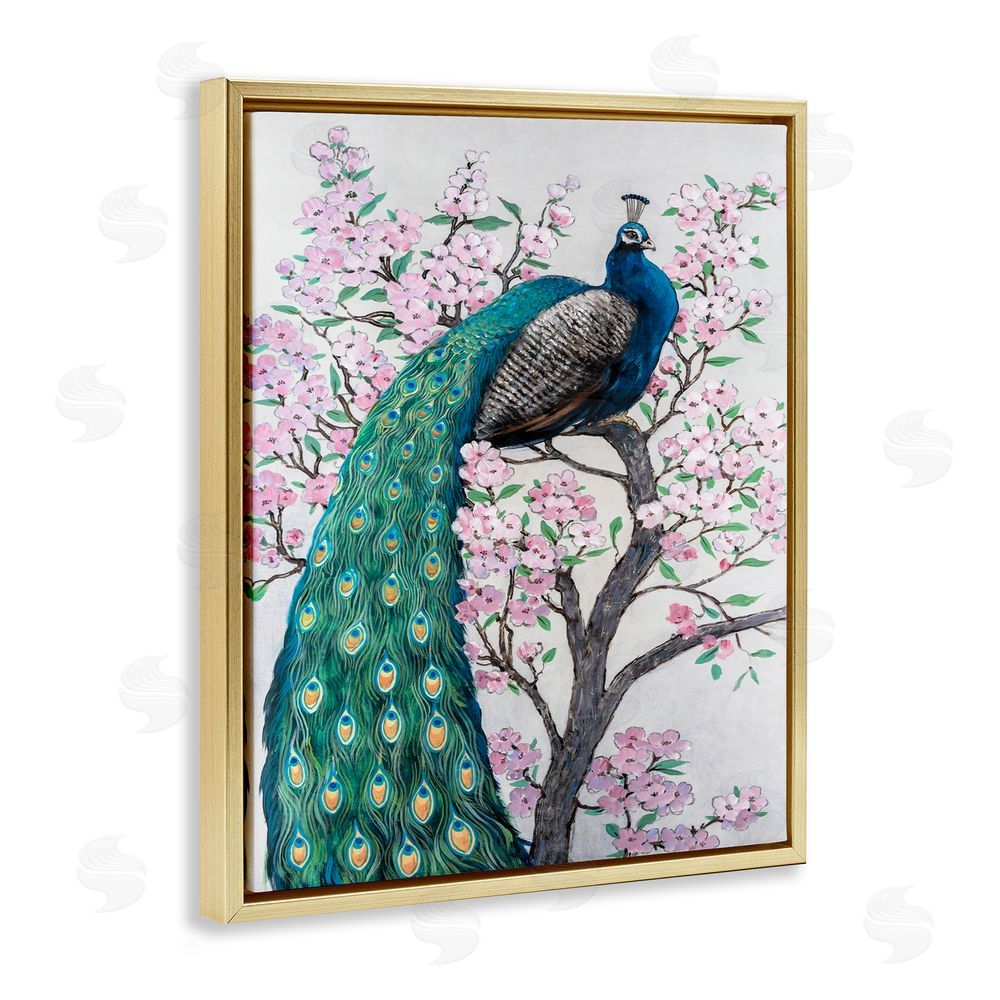 Tim O'Toole Peacock Perched on Florals Gold Floating Frame Canvas Wall Art Print