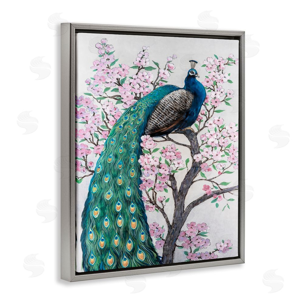 Tim O'Toole Peacock Perched on Florals Grey Floating Frame Canvas Wall Art Print