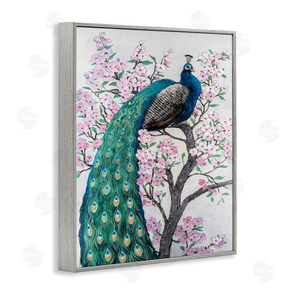 Tim O'Toole Peacock Perched on Florals Gray Framed Giclee Wall Art Print
