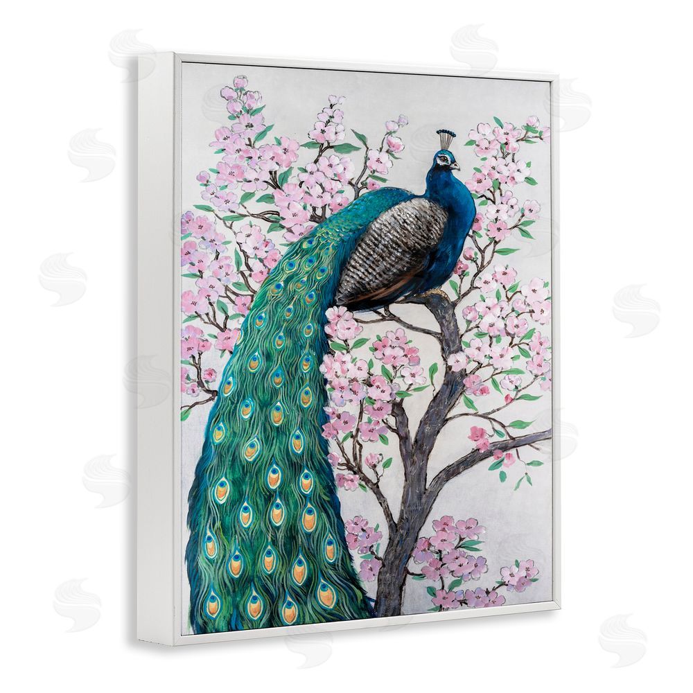 Tim O'Toole Peacock Perched on Florals White Framed Giclee Wall Art Print