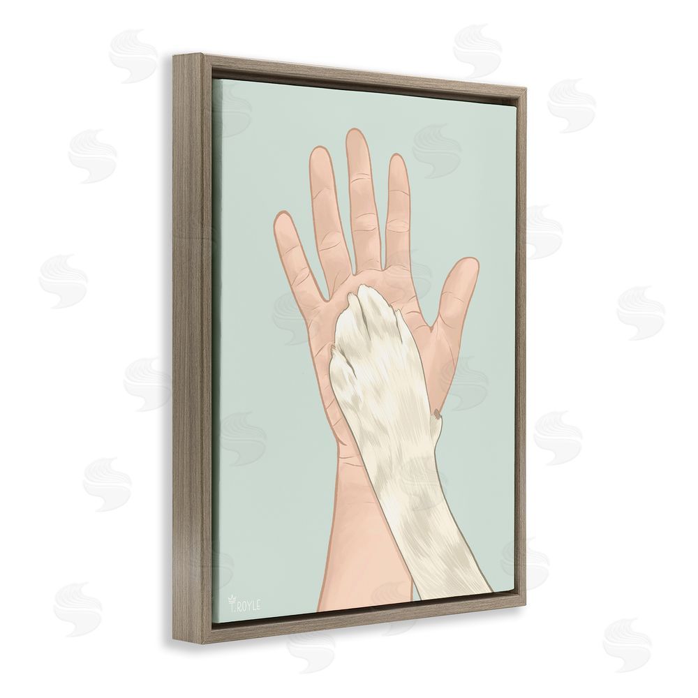 Tara Royle Cat Paw High Five Brown Floating Frame Canvas Wall Art Print