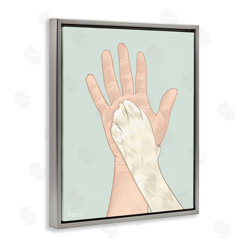 Tara Royle Cat Paw High Five Grey Floating Frame Canvas Wall Art Print