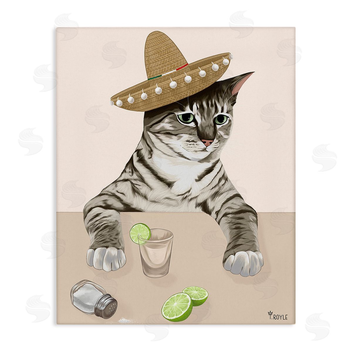 Tara Royle Sombrero Cat & Cocktail Stretched Canvas Wall Art Print