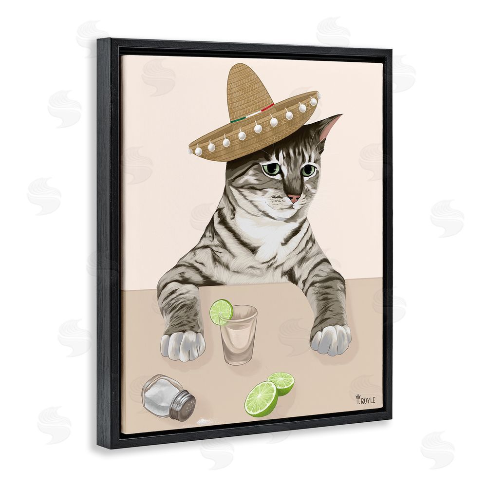 Tara Royle Sombrero Cat & Cocktail Black Floating Frame Canvas Wall Art Print