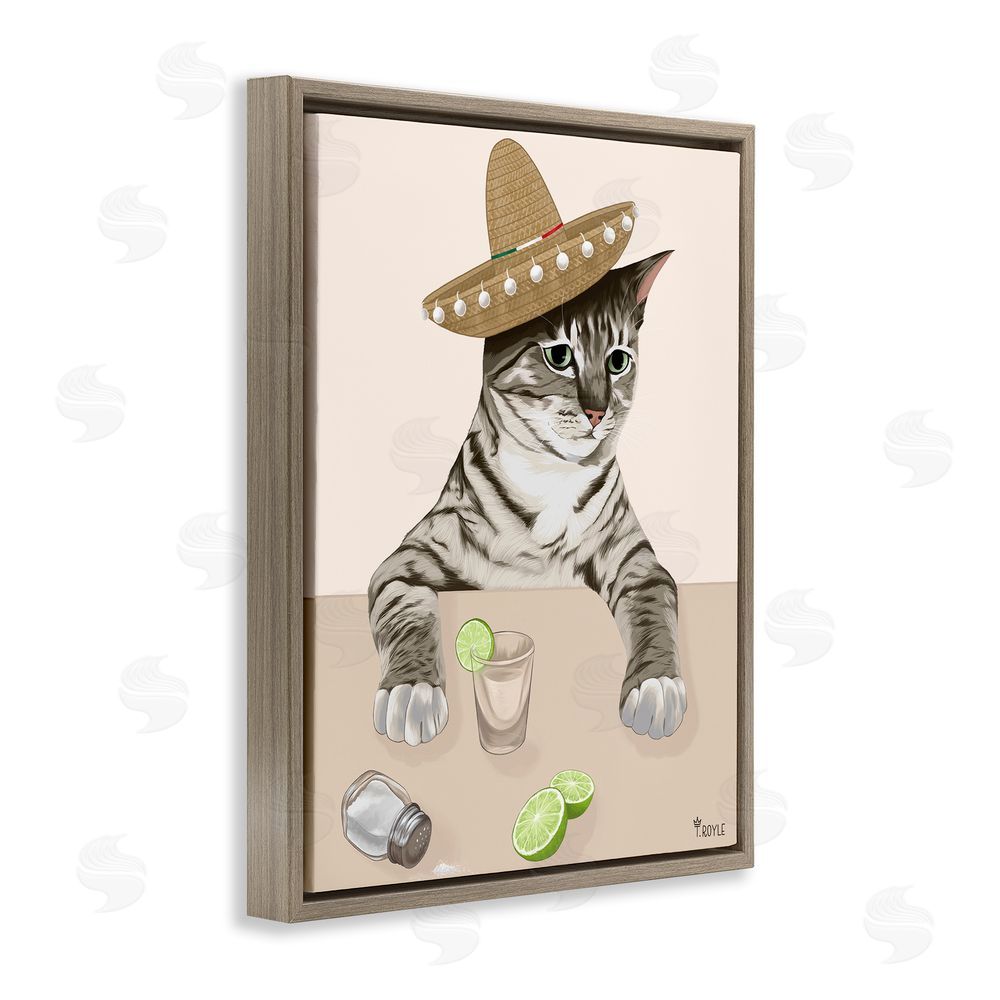 Tara Royle Sombrero Cat & Cocktail Brown Floating Frame Canvas Wall Art Print