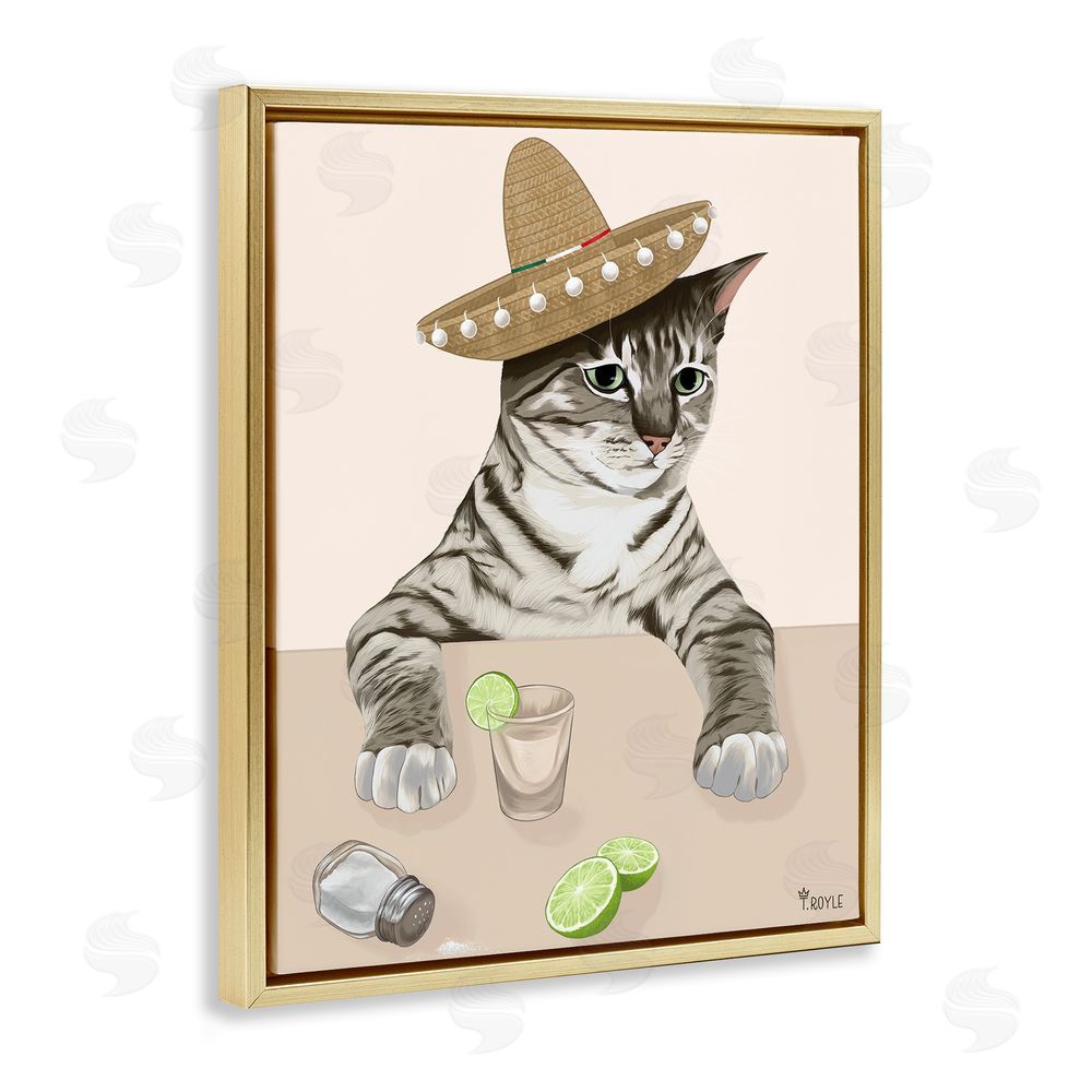 Tara Royle Sombrero Cat & Cocktail Gold Floating Frame Canvas Wall Art Print