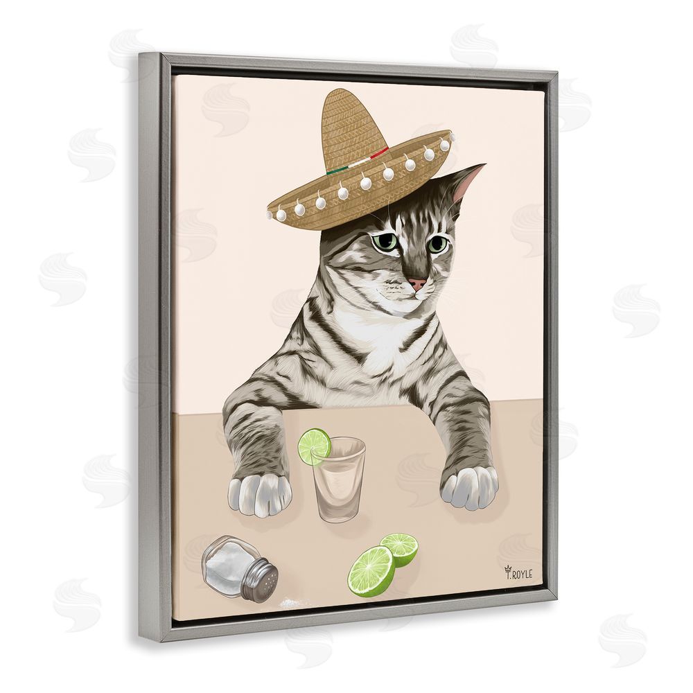 Tara Royle Sombrero Cat & Cocktail Grey Floating Frame Canvas Wall Art Print