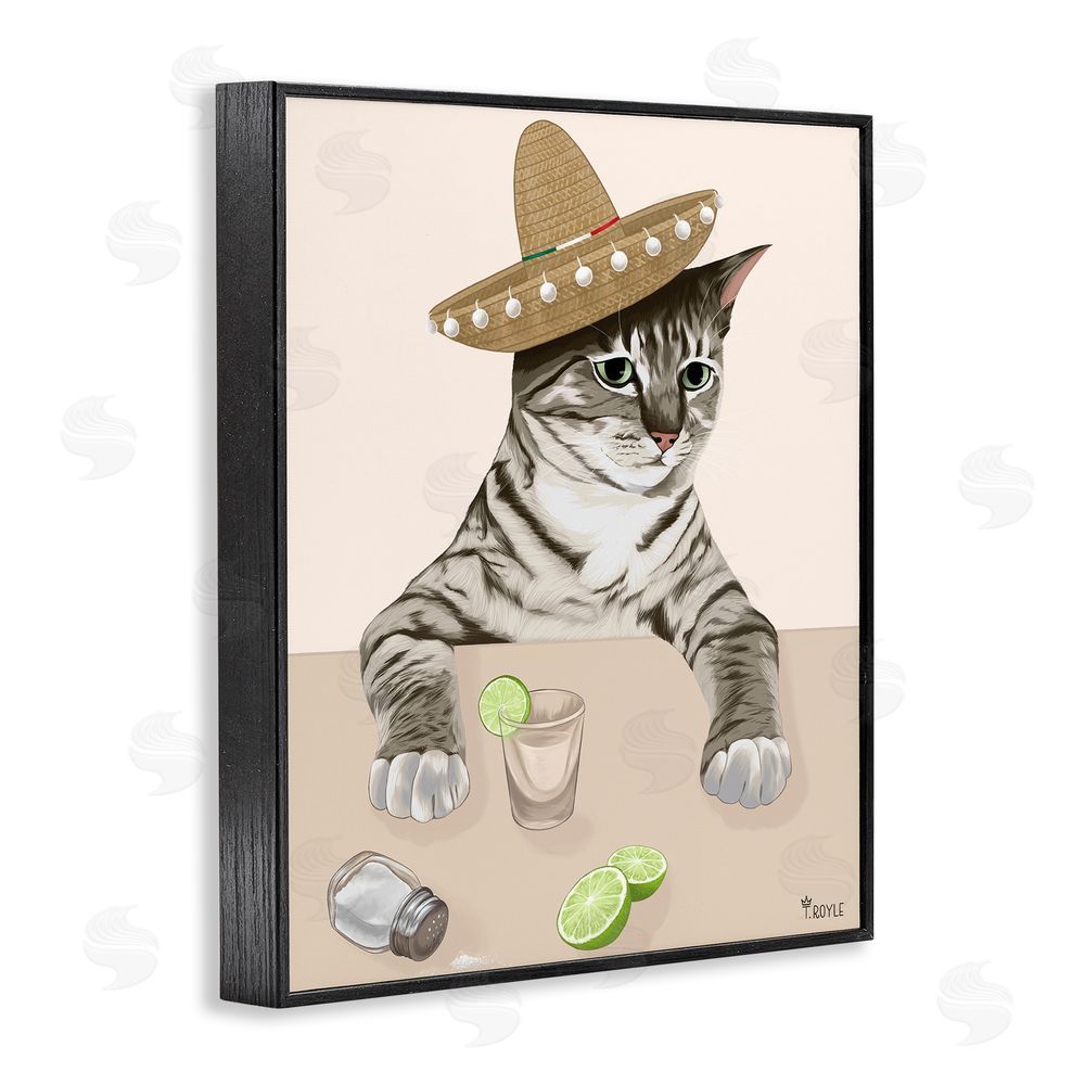 Tara Royle Sombrero Cat & Cocktail Black Framed Giclee Wall Art Print