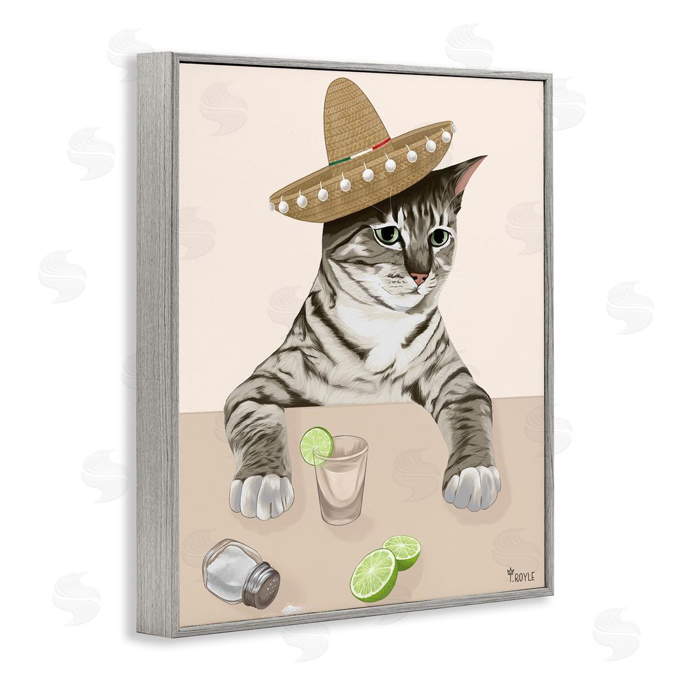 Tara Royle Sombrero Cat & Cocktail Gray Framed Giclee Wall Art Print