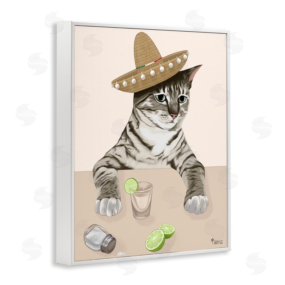 Tara Royle Sombrero Cat & Cocktail White Framed Giclee Wall Art Print