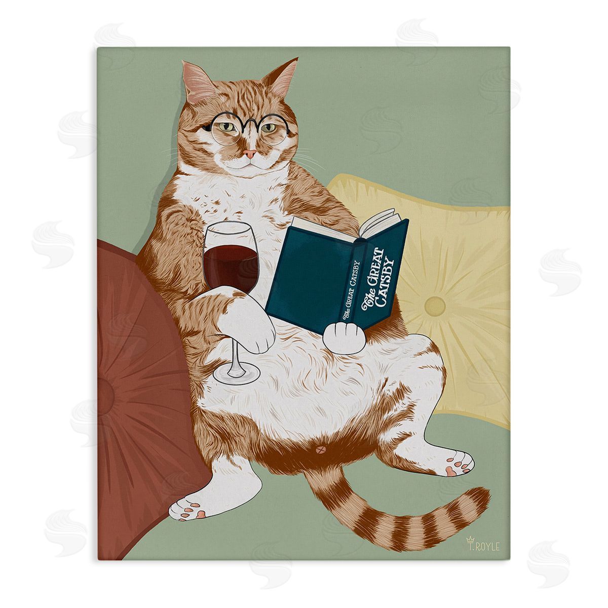 Tara Royle Cat Reading with Wine Stretched Canvas Wall Art Print