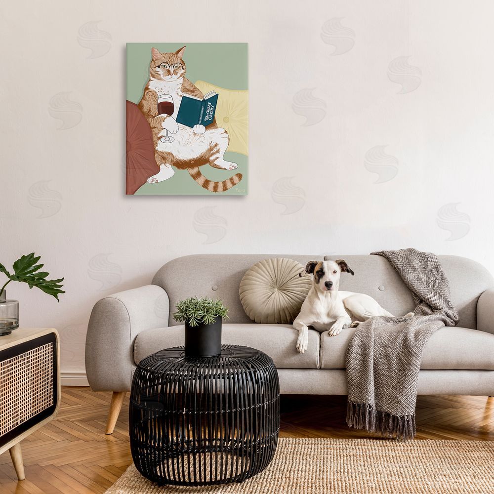 Tara Royle Cat Reading with Wine Canvas Wall Art Print in Room
