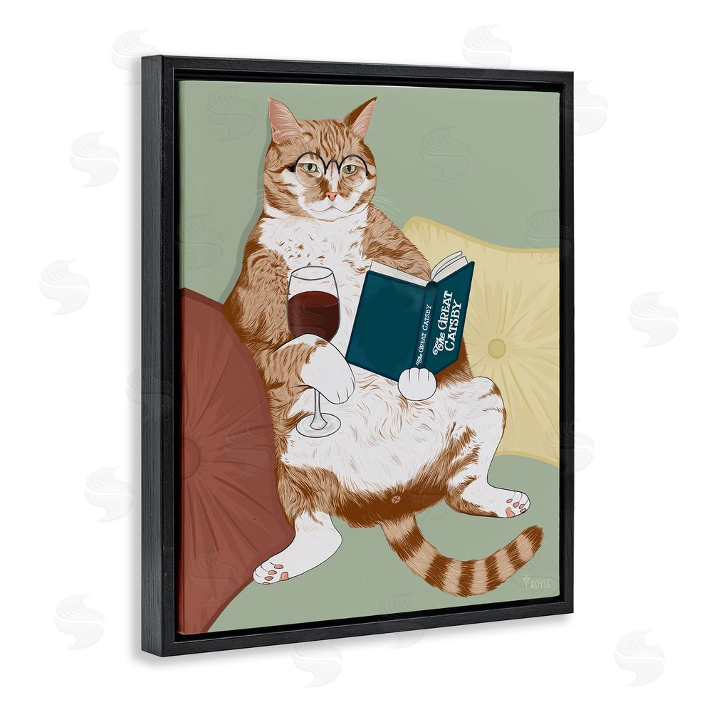 Tara Royle Cat Reading with Wine Black Floating Frame Canvas Wall Art Print