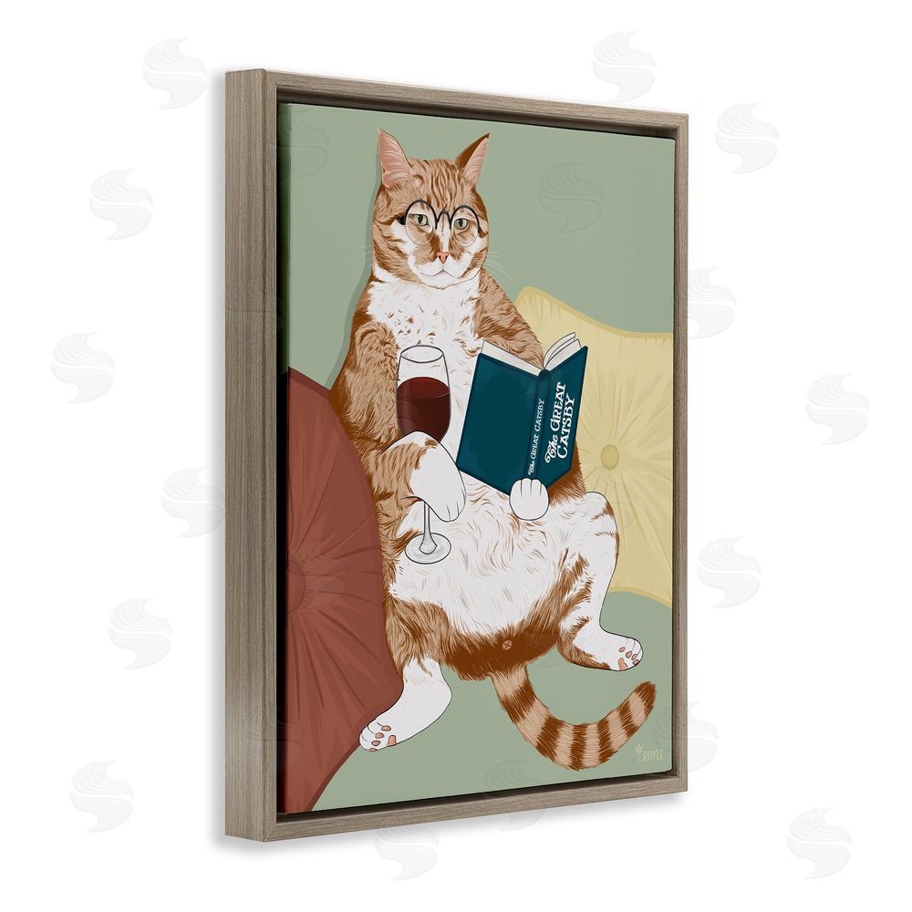 Tara Royle Cat Reading with Wine Brown Floating Frame Canvas Wall Art Print