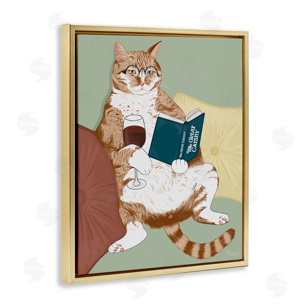 Tara Royle Cat Reading with Wine Gold Floating Frame Canvas Wall Art Print
