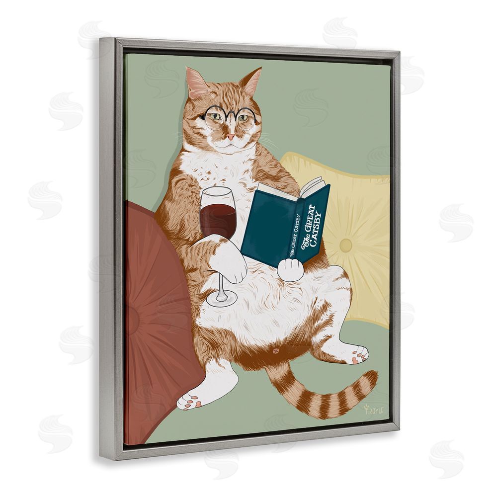Tara Royle Cat Reading with Wine Grey Floating Frame Canvas Wall Art Print