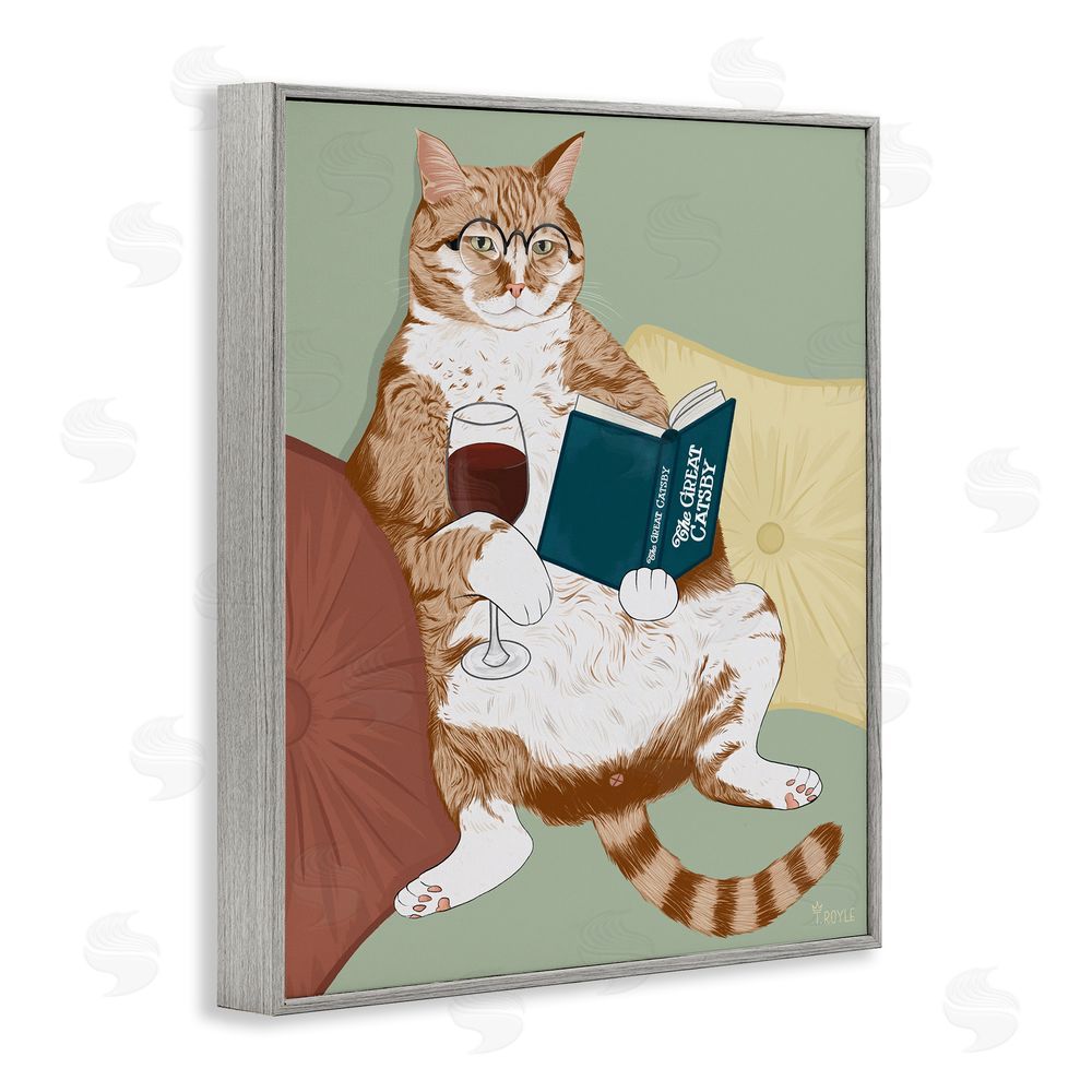Tara Royle Cat Reading with Wine Gray Framed Giclee Wall Art Print