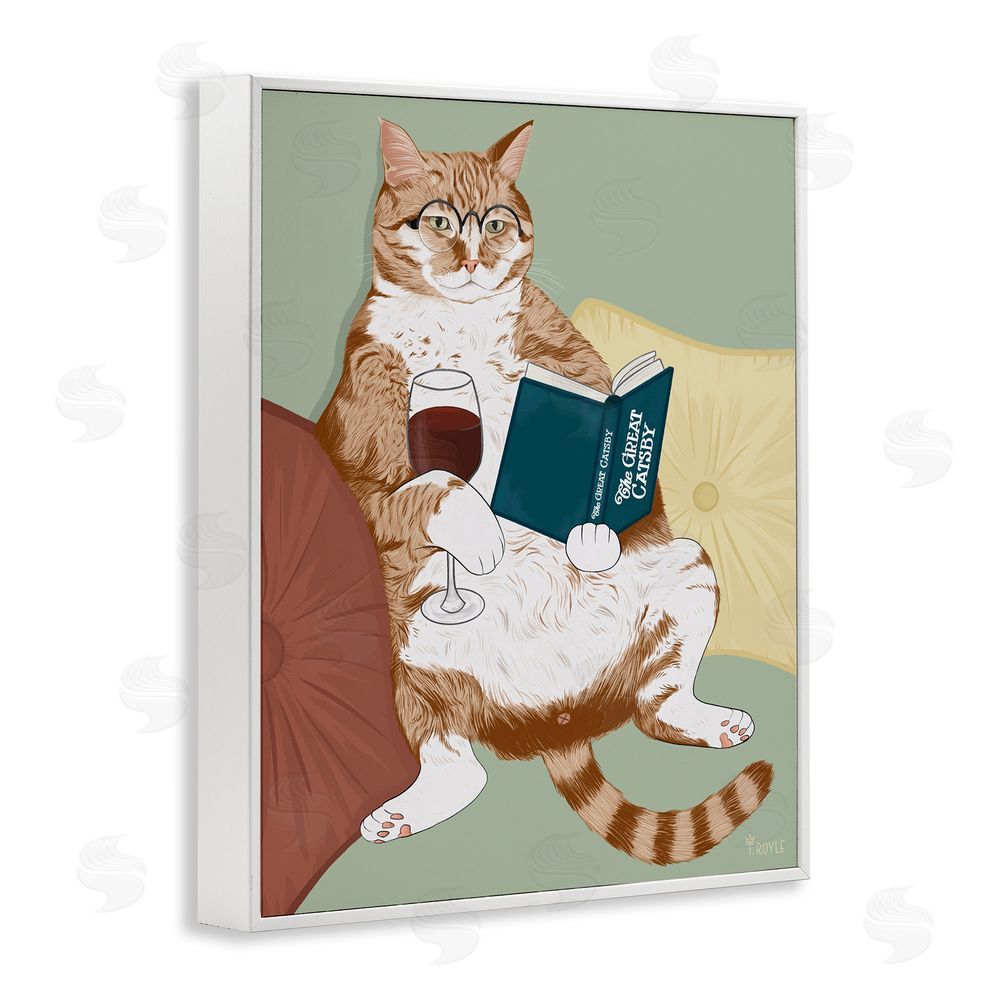 Tara Royle Cat Reading with Wine White Framed Giclee Wall Art Print