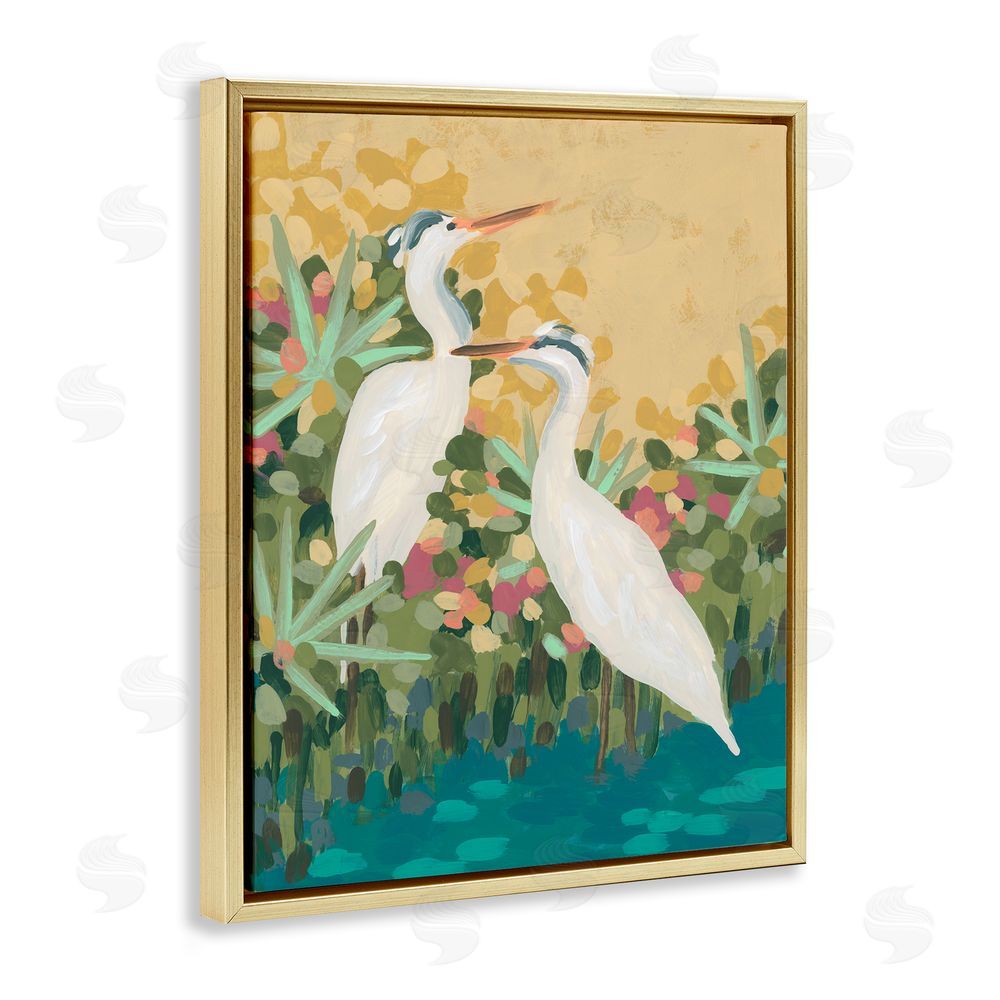 June Erica Vess Modern Birds at Pond's Edge Gold Floating Frame Canvas Wall Art Print