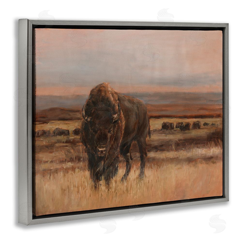 Ethan Harper Traditional Bison Landscape Grey Floating Frame Canvas Wall Art Print