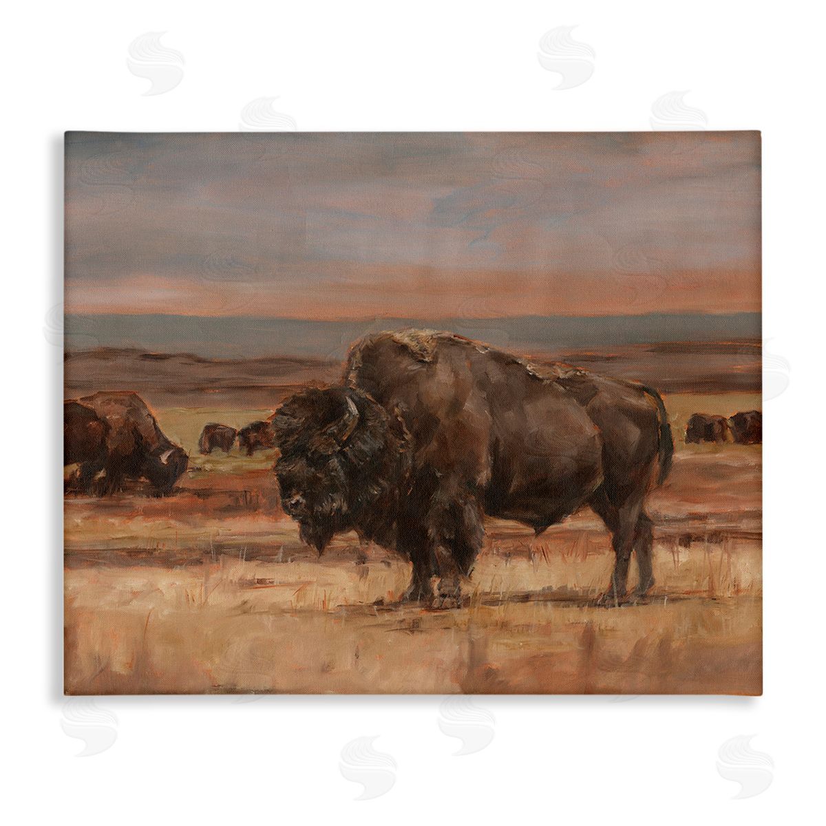 Ethan Harper Rural Pasture with Bison Stretched Canvas Wall Art Print