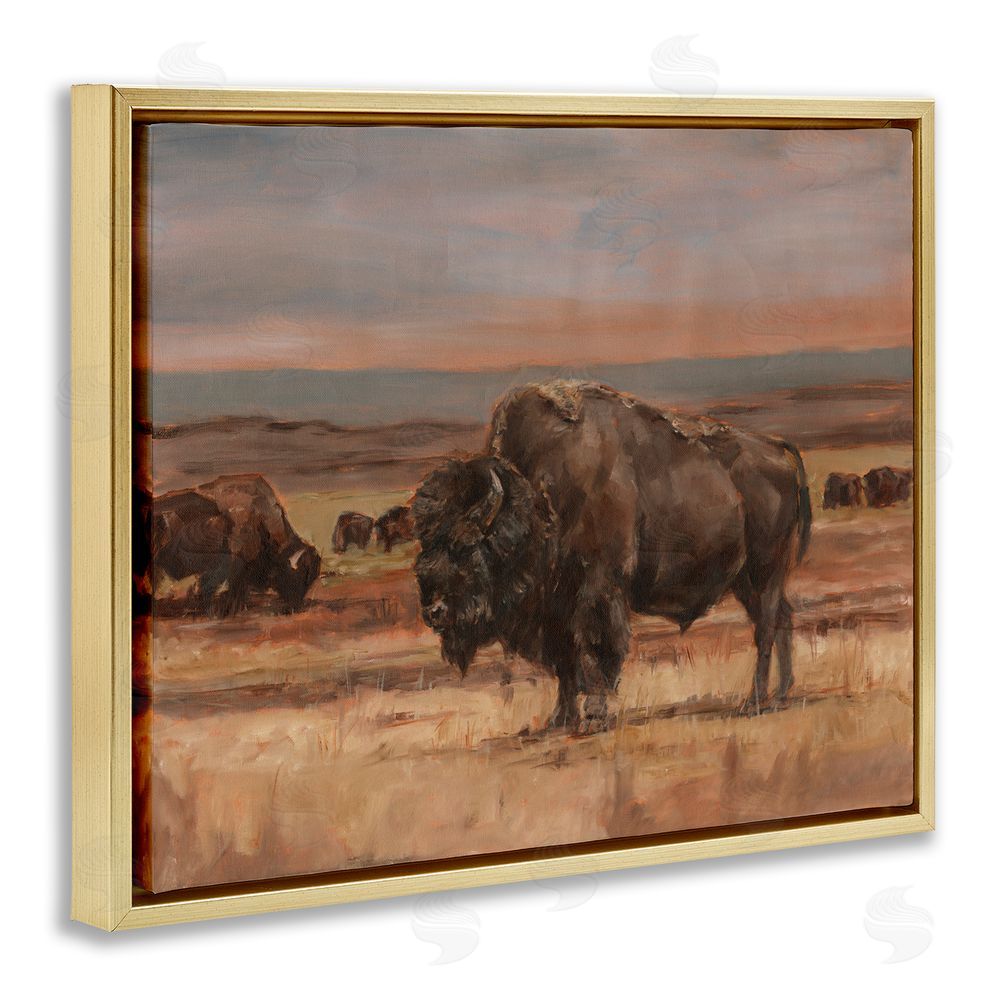 Ethan Harper Rural Pasture with Bison Gold Floating Frame Canvas Wall Art Print