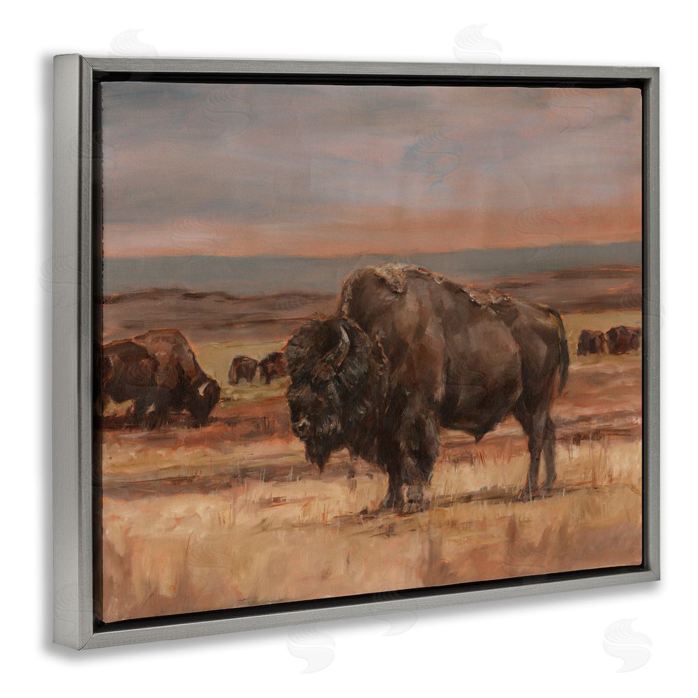 Ethan Harper Rural Pasture with Bison Grey Floating Frame Canvas Wall Art Print