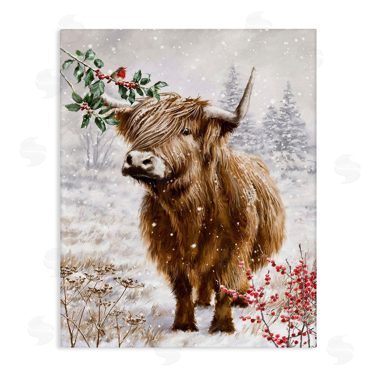 Ian Saxton Cattle with Winter Berries Stretched Canvas Wall Art Print