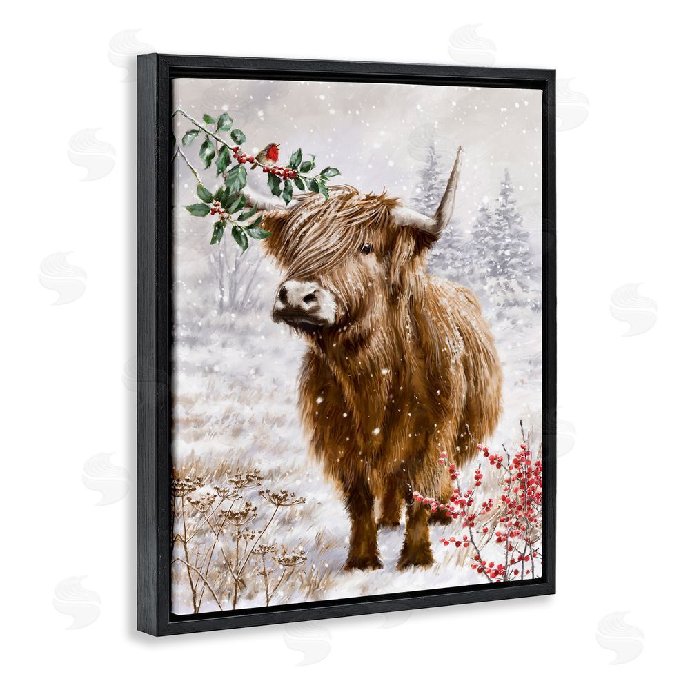 Ian Saxton Cattle with Winter Berries Black Floating Frame Canvas Wall Art Print