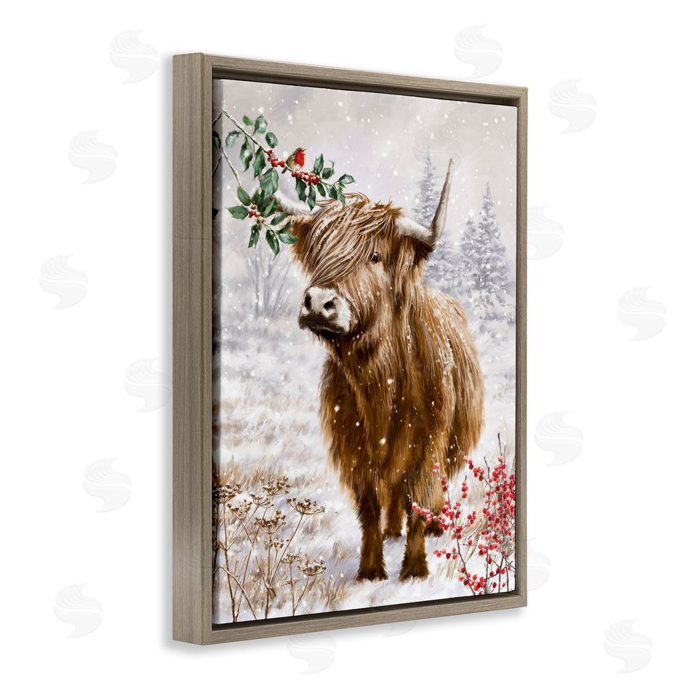 Ian Saxton Cattle with Winter Berries Brown Floating Frame Canvas Wall Art Print